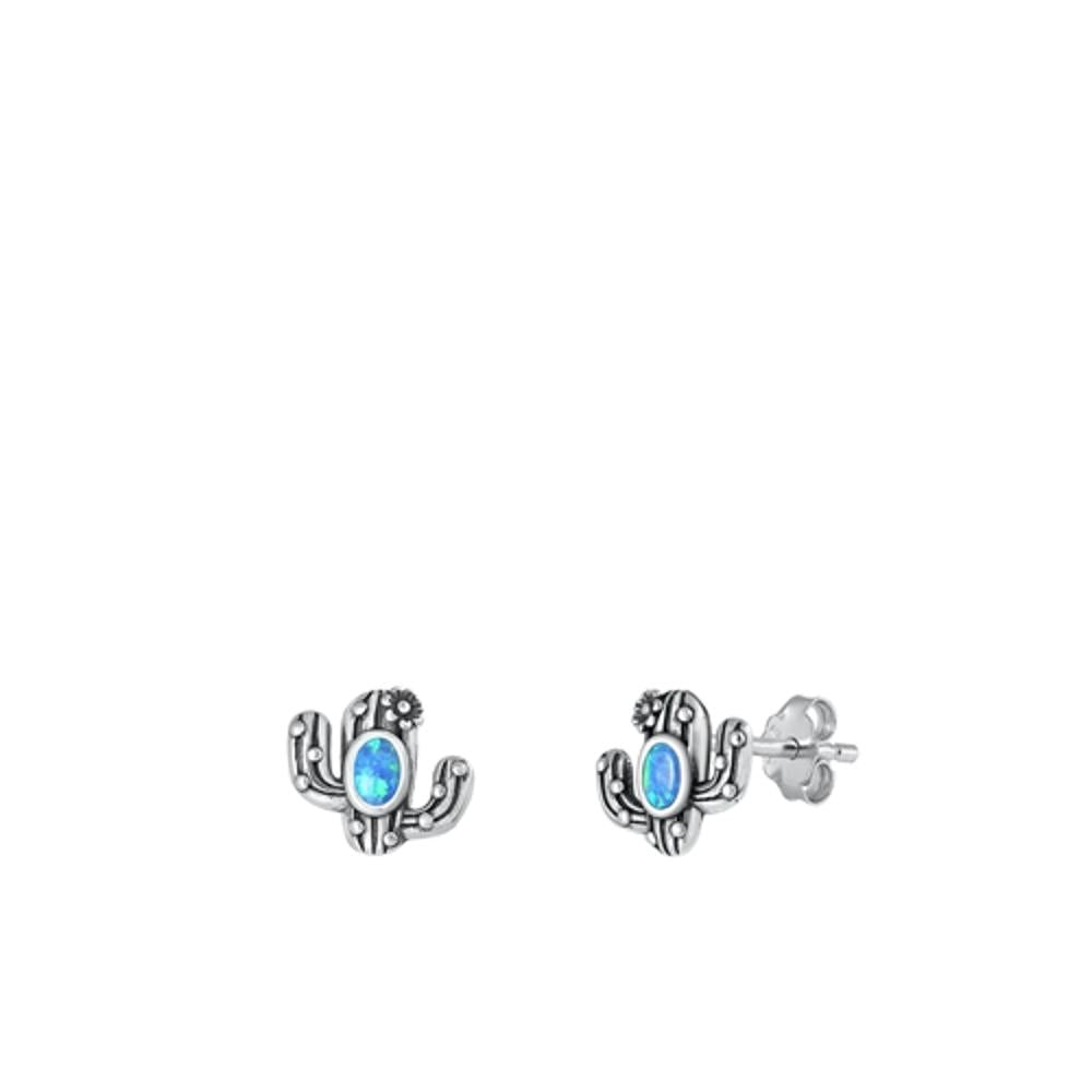 Sterling Silver Beautiful Blue Synthetic Opal Cactus Stud Earrings .925 New
