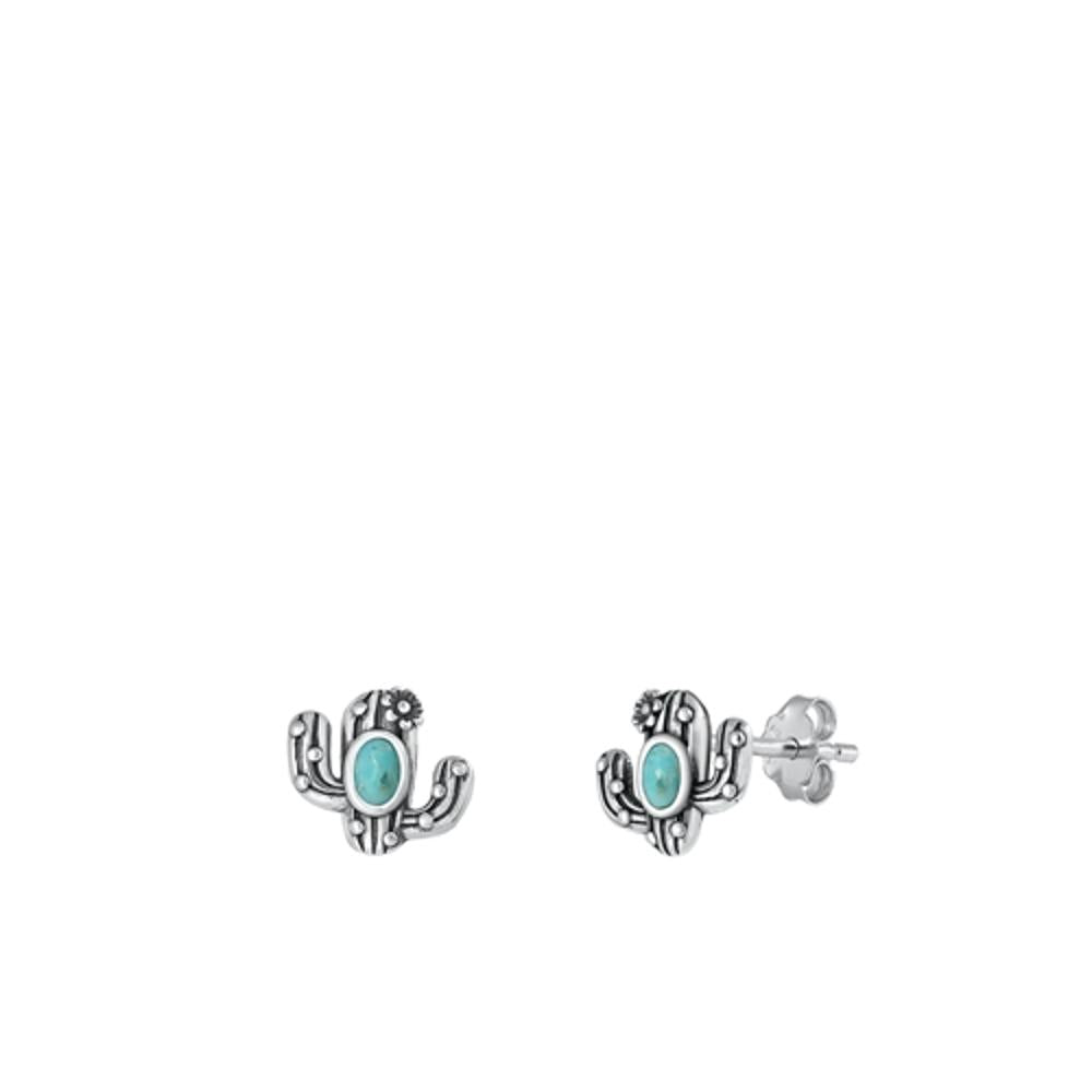 Sterling Silver Classic Turquoise Cactus High Polished Stud Earrings .925 New