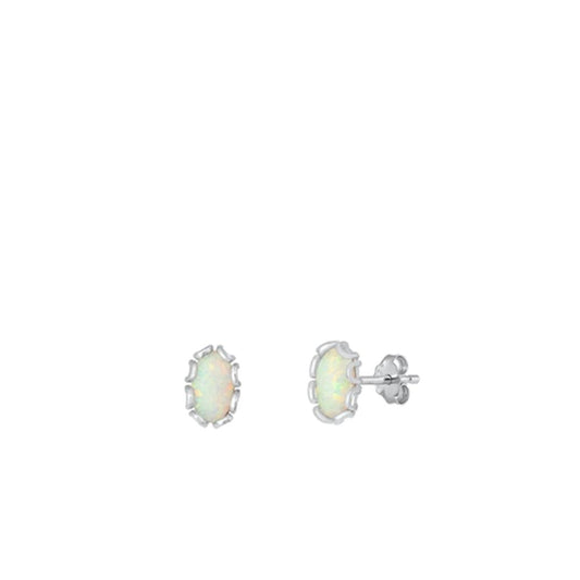Sterling Silver Classic White Synthetic Opal Stud High Polished Earrings 925 New