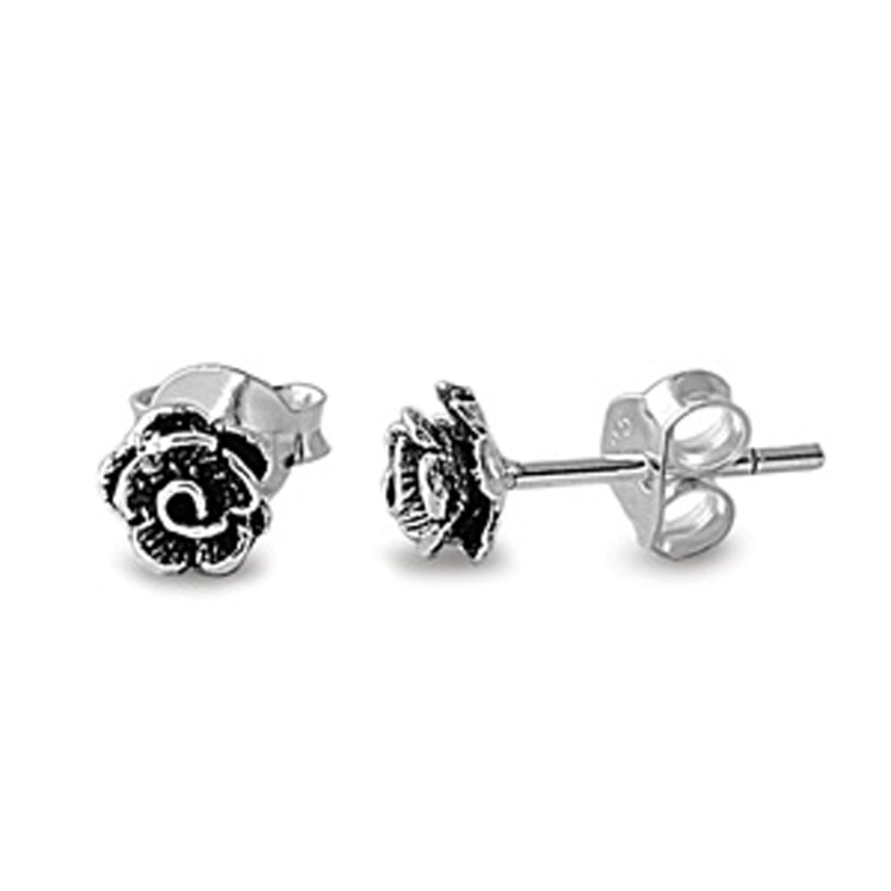 Sterling Silver Elegant Rose Realistic Oxidized Petal Flower Classic Earrings
