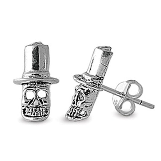 Top Hat Skull Biker Stud Earrings .925 Sterling Silver