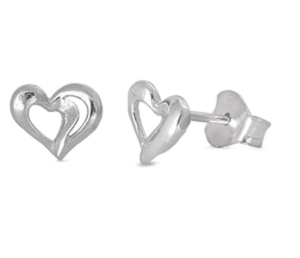 Open Cutout Promise Heart Shiny .925 Sterling Silver High Polish Cute Stud Earrings
