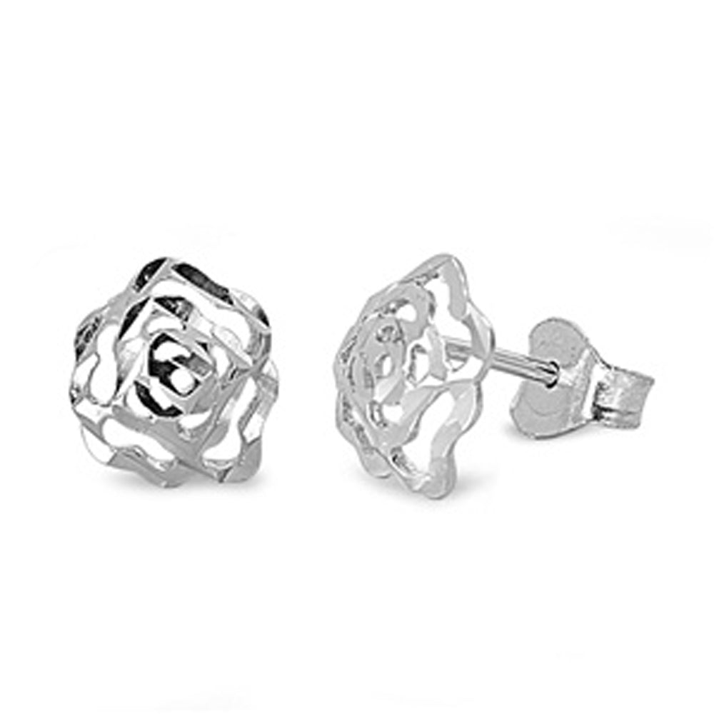 Sterling Silver Wavy Rose Flower Outline Cutout Minimalist Earrings 925 New