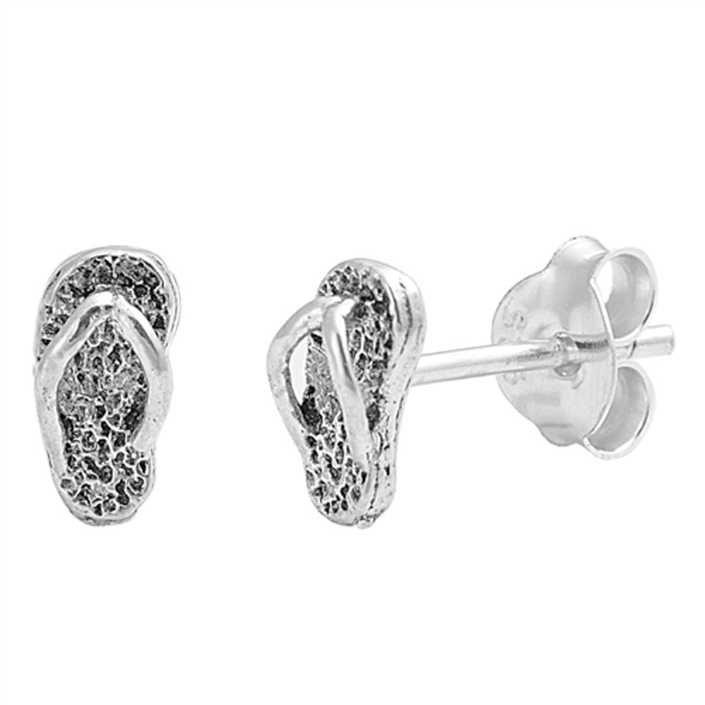 Thong Sandal Textured Flip Flop Shoe Vacation .925 Sterling Silver Beach Stud Earrings
