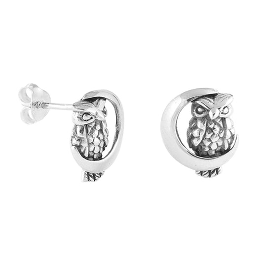 Sterling Silver Owl Crescent Moon Animal Night Sky Bird Celestial Earrings 925