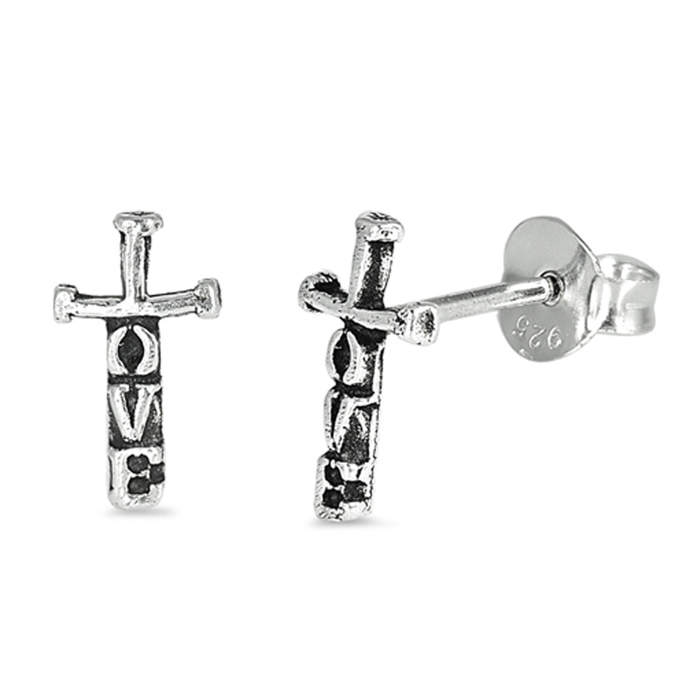 Sterling Silver Oxidized Love Cross Word Letter Christian Earrings 925 New