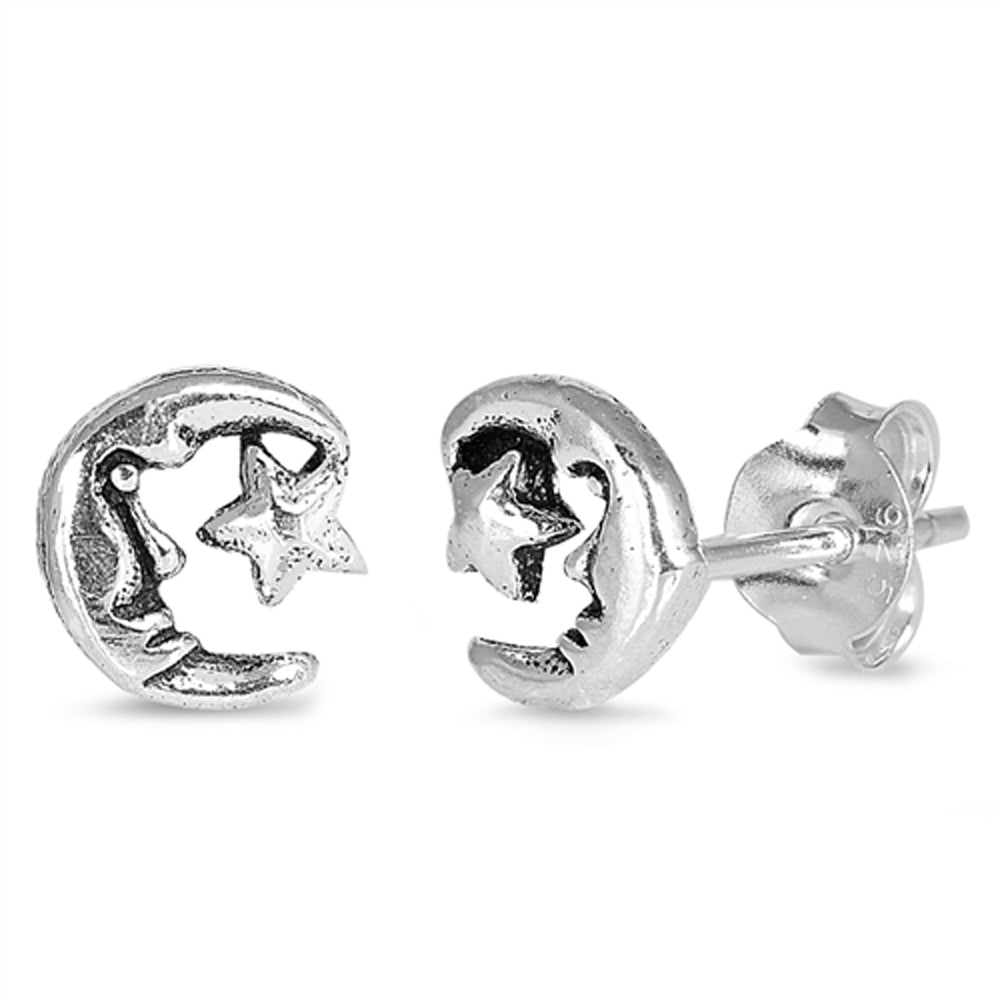 Sterling Silver Crescent Moon Star Face Celestial Dream Earrings 925 New
