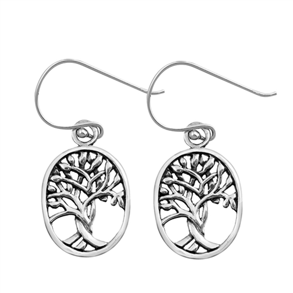Sterling Silver Nature Tree of Life Oval Cutout Branch Leaf Roots Earrings 925