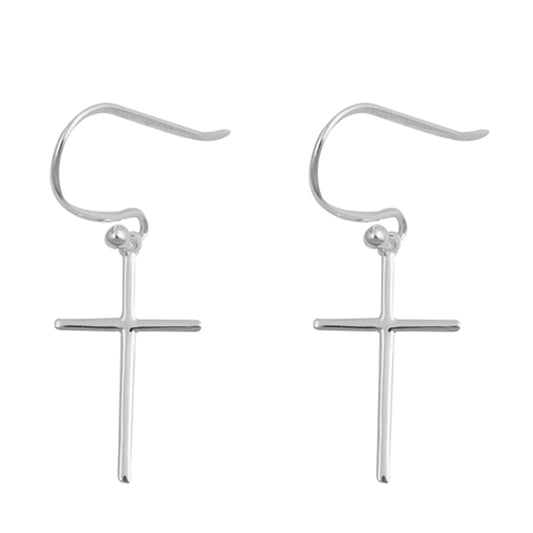 Sterling Silver Slim Minimalist Cross Simple Polish Classic Slender Earrings 925