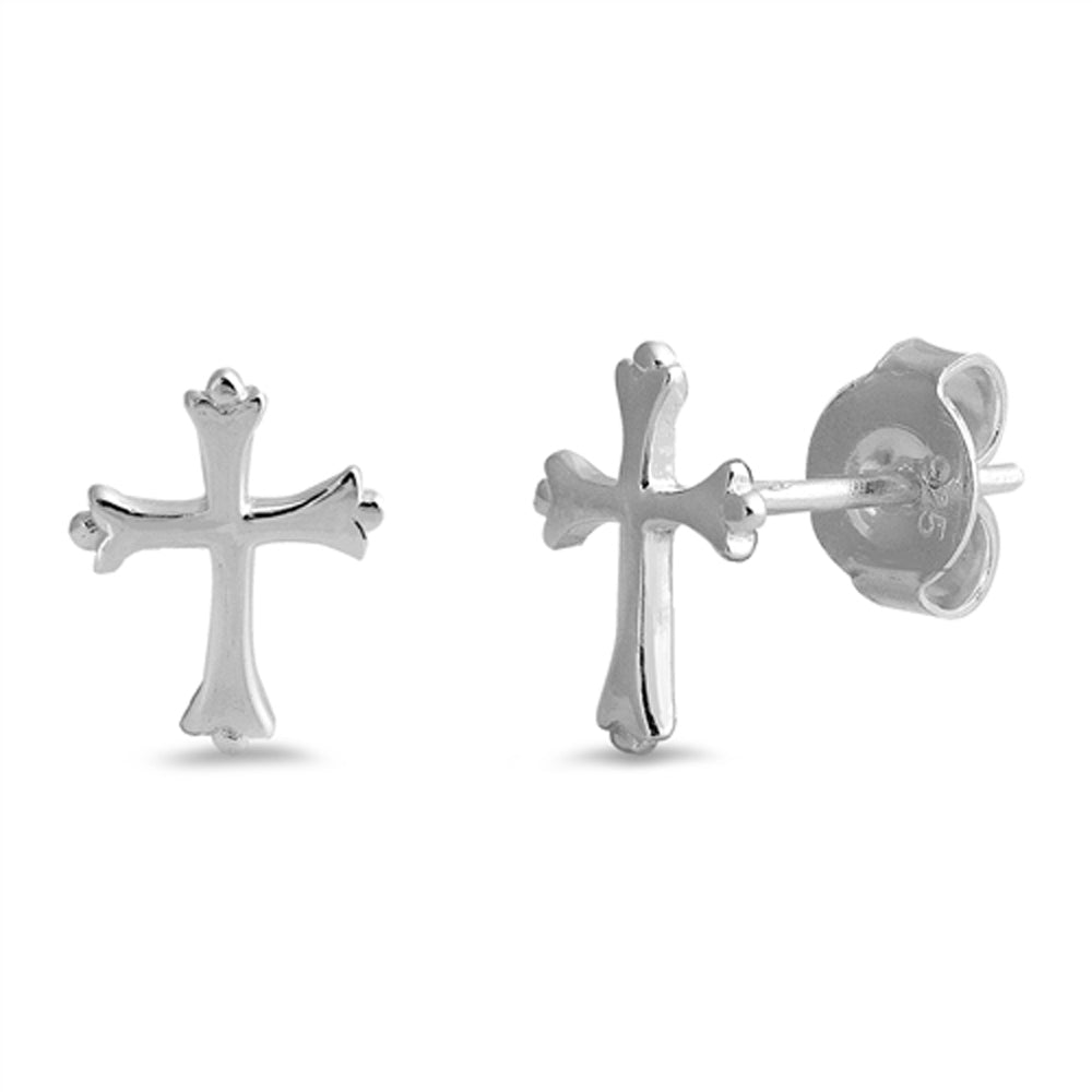 Sterling Silver Flower Bud Cross High Polish Simple Classic Earrings 925 New