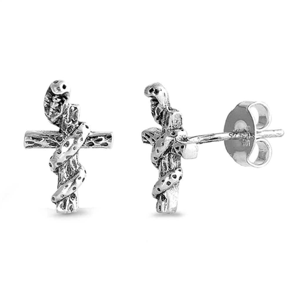 Sterling Silver Snake Cross Serpent Reptile Good vs Evil Earrings 925 New