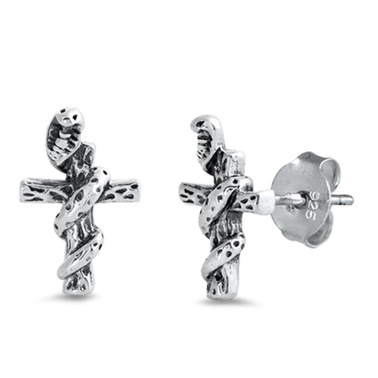 Sterling Silver Coiled Snake Cross Serpent Good vs Evil Stud Earrings 925 New