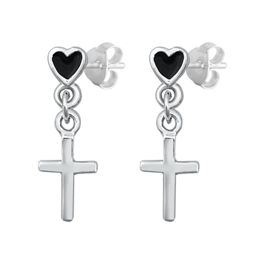 Sterling Silver High Polish Cross Heart Dangling Classic High Polish Earrings