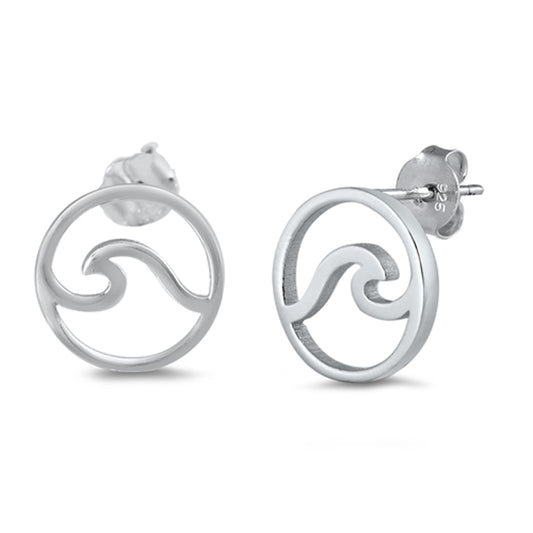 Sterling Silver Ocean Wave Outline Circle Classic Minimalist Simple Earrings 925