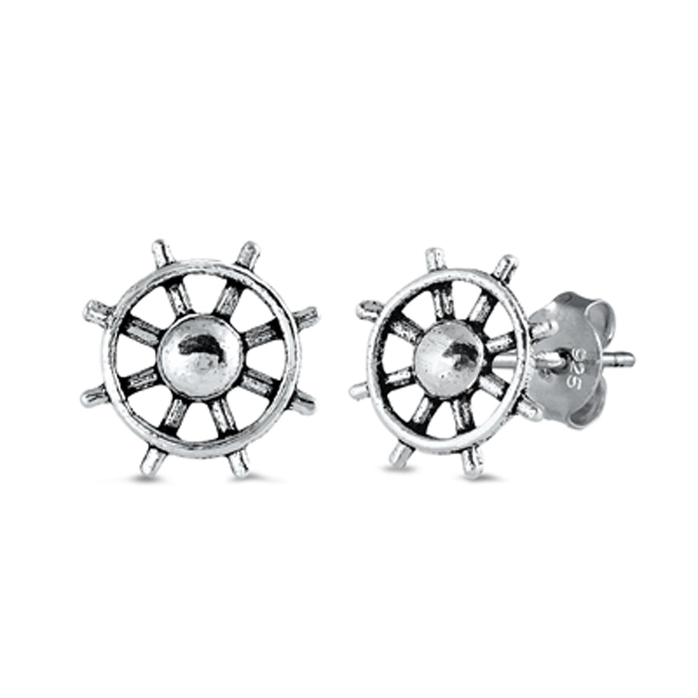 Sterling Silver Captain's Wheel Nautical Ship Pirate Stud Earrings 925 New