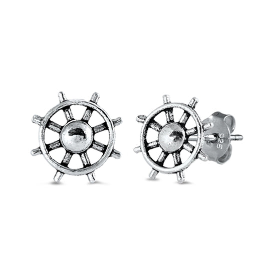 Sterling Silver Captain's Wheel Nautical Ship Pirate Stud Earrings 925 New
