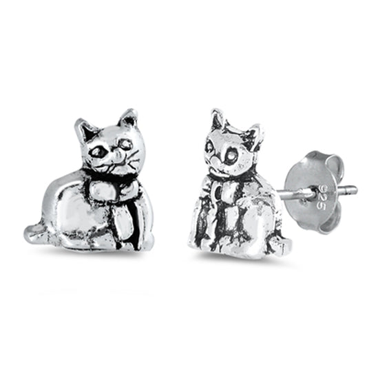 Sterling Silver Cute Cat Kitten Animal Pet Detailed Stud Earrings 925 New