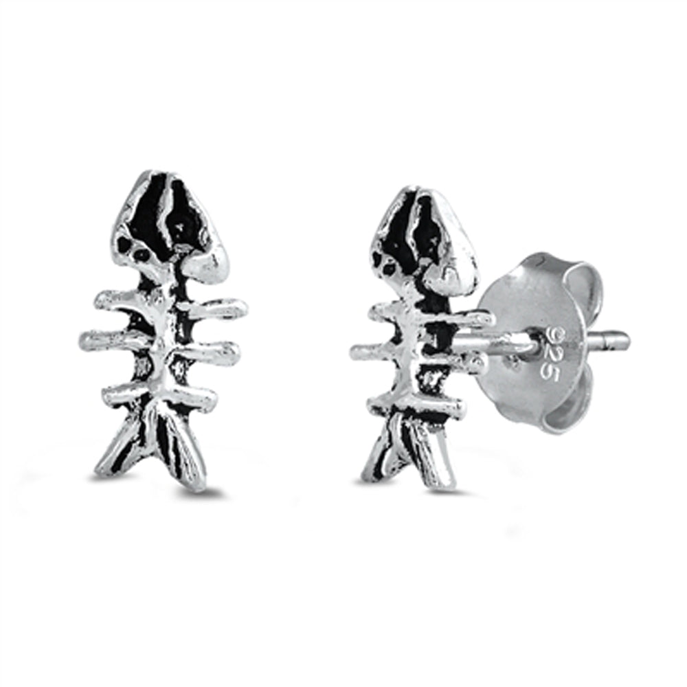 Sterling Silver Dead Fish Bone Skeleton Animal Stud Earrings 925 New