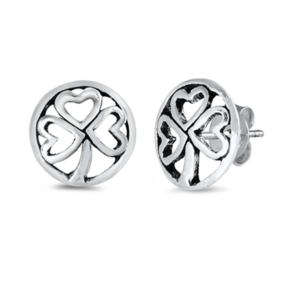 Sterling Silver Shamrock Three Leaf Clover Heart Cutout Stud Earrings 925 New