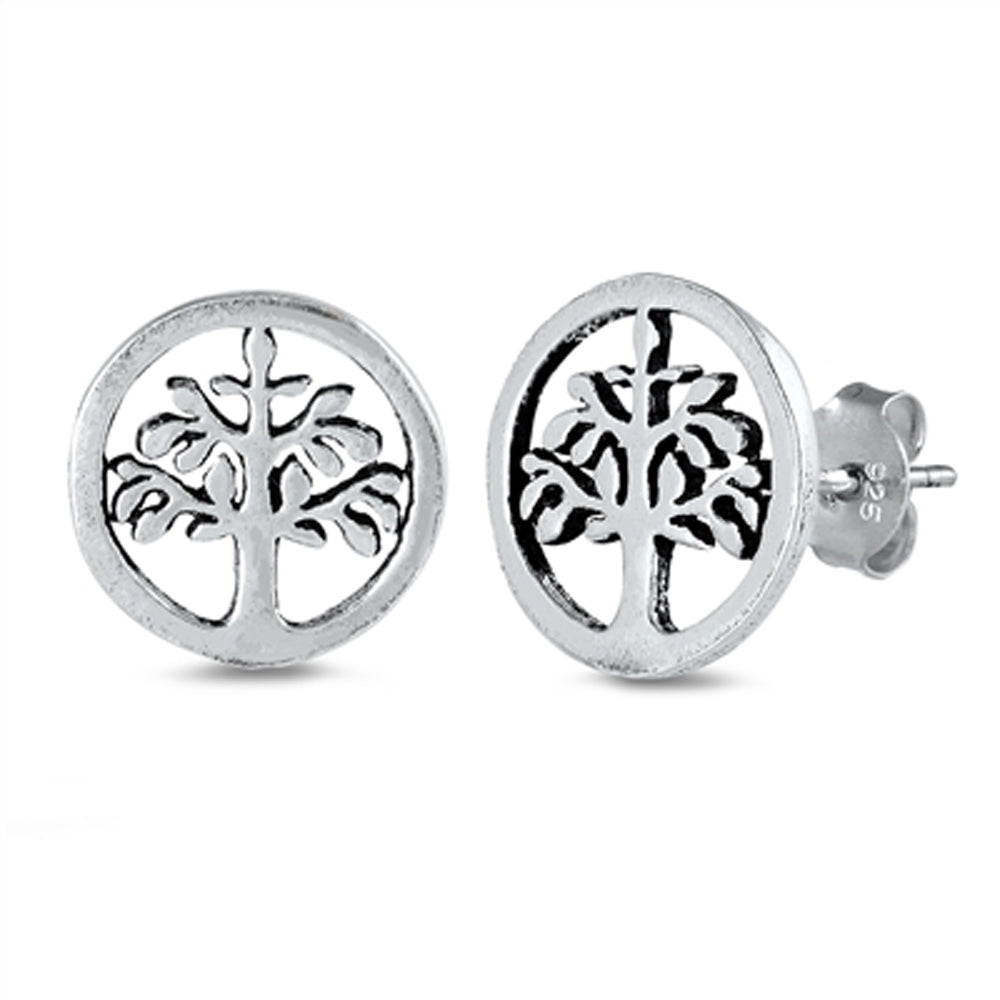 Sterling Silver Leaf Tree of Life Cutout Round Hoop Love Earrings 925 New