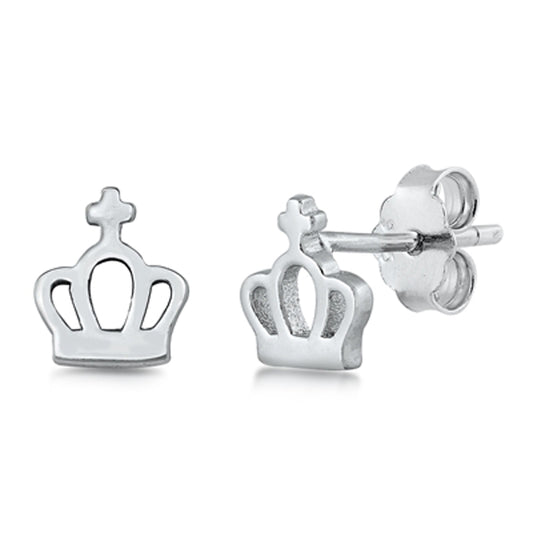 Sterling Silver Cutout Crown Cross High Polish Royal Stud Earrings 925 New