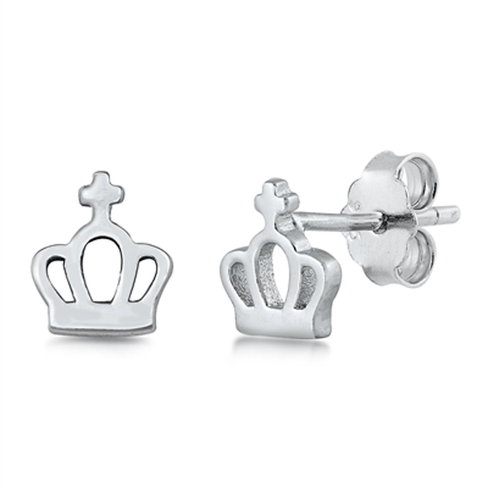 Sterling Silver Cutout Crown Cross High Polish Royal Stud Earrings 925 New