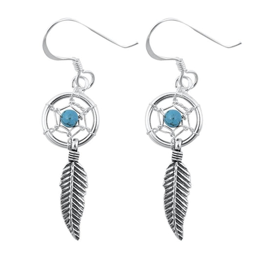 Turquoise Dream Catcher Feather Dangle Hook Earrings Sterling Silver 925 New