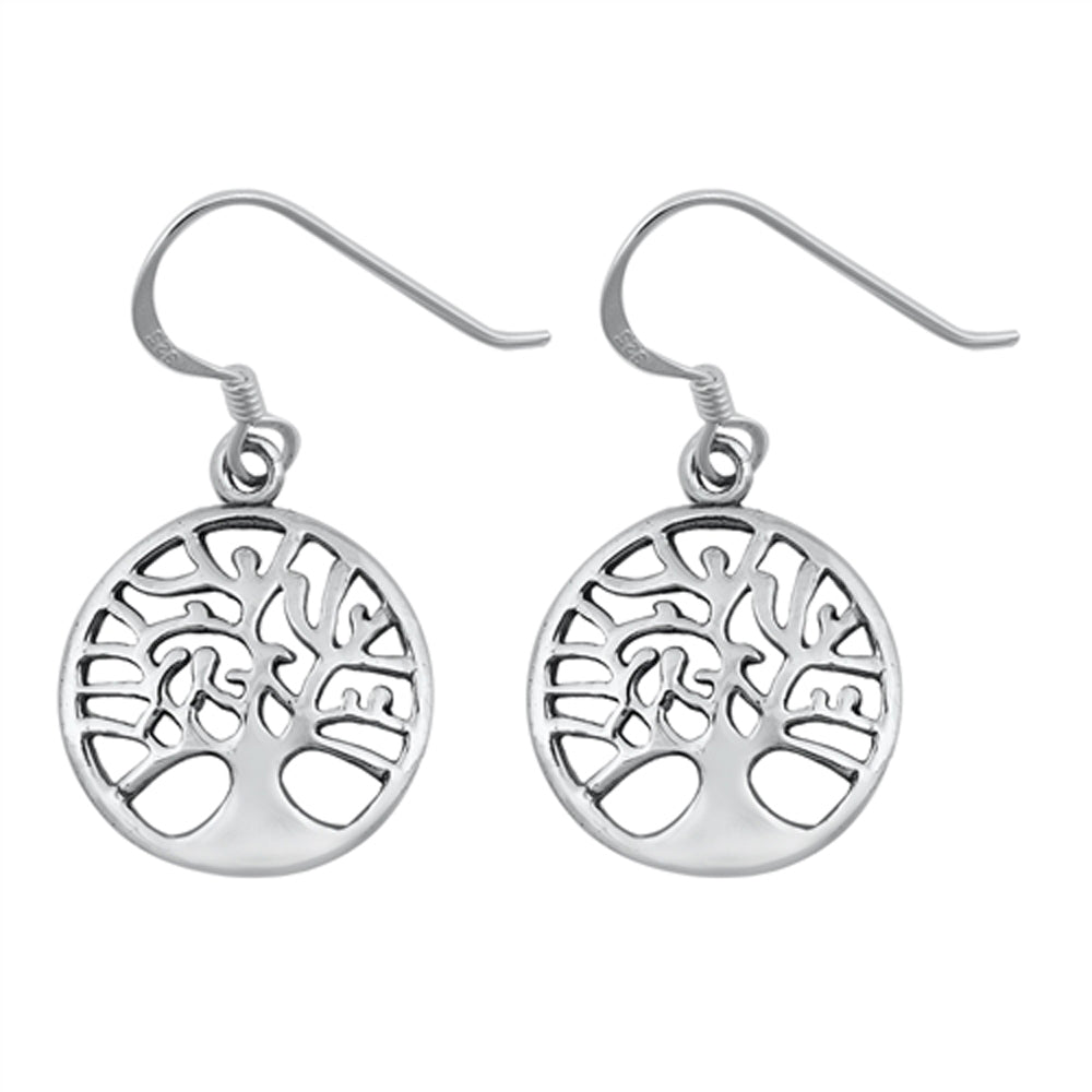Sterling Silver Cutout Tree of Life Medallion Nature Circle Round Earrings 925