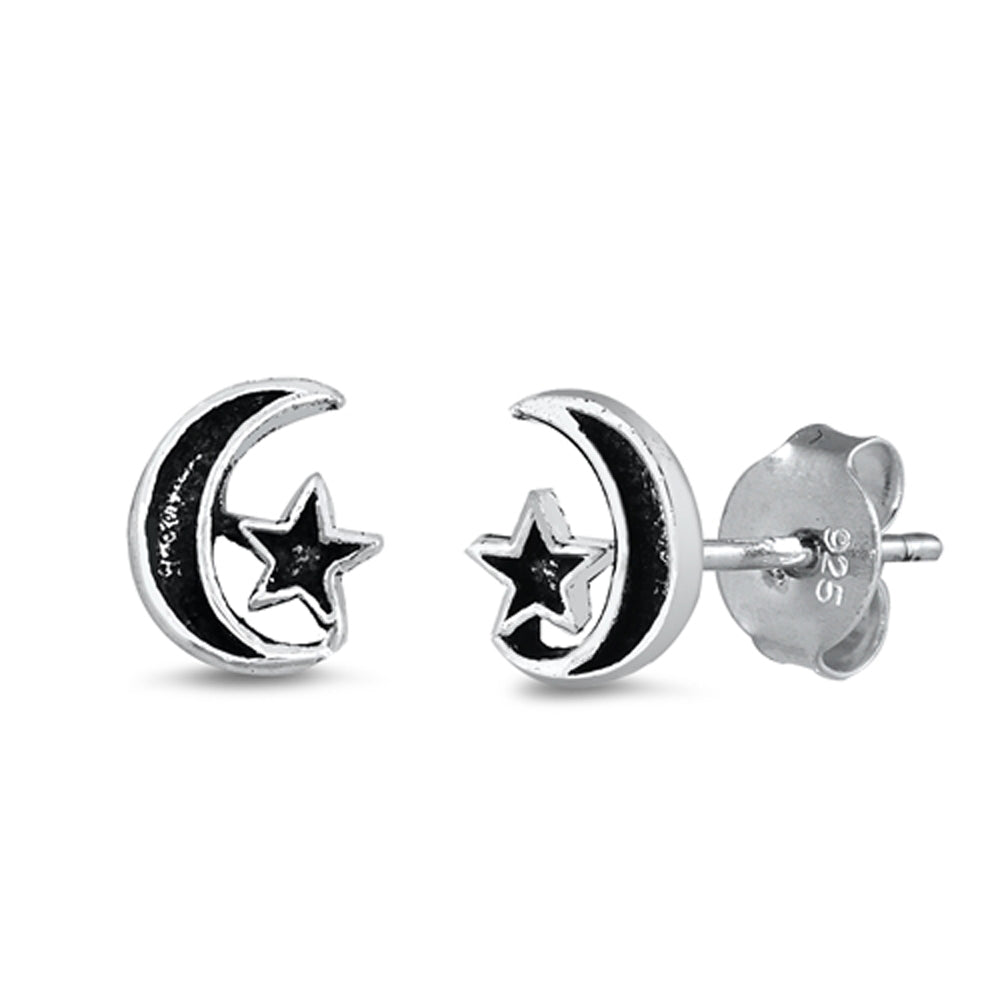 Sterling Silver Oxidized Crescent Moon Star Space Mystic Celestial Earrings 925