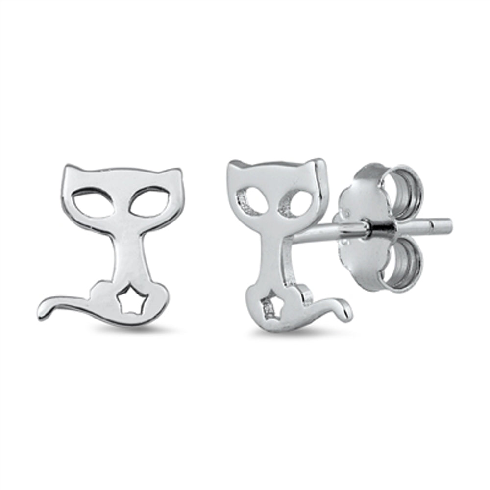 Sterling Silver Cute Pussy Cat Silhouette Star Stud Earrings 925 New