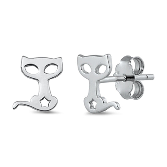 Sterling Silver Cute Pussy Cat Silhouette Star Stud Earrings 925 New