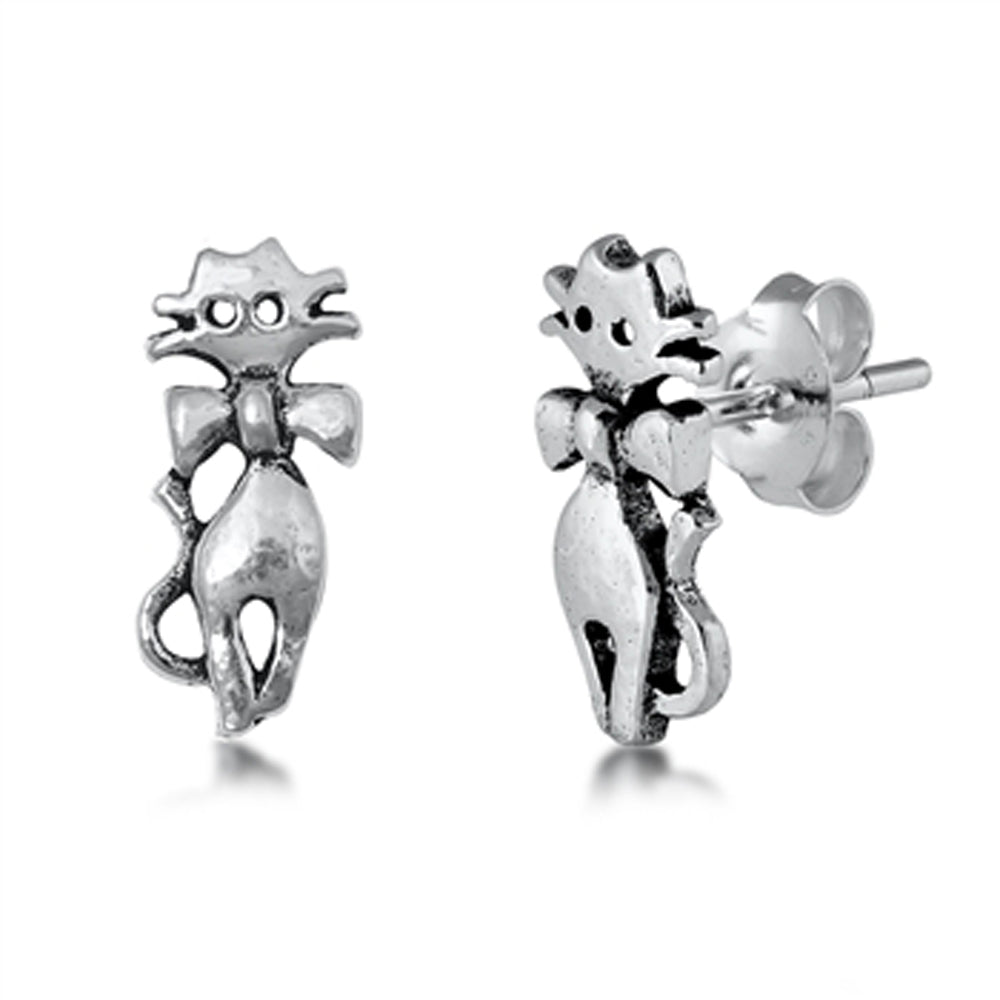 Sterling Silver Pet Cute Cat Silhouette Cutout Bow Tie Animal Stud Earrings