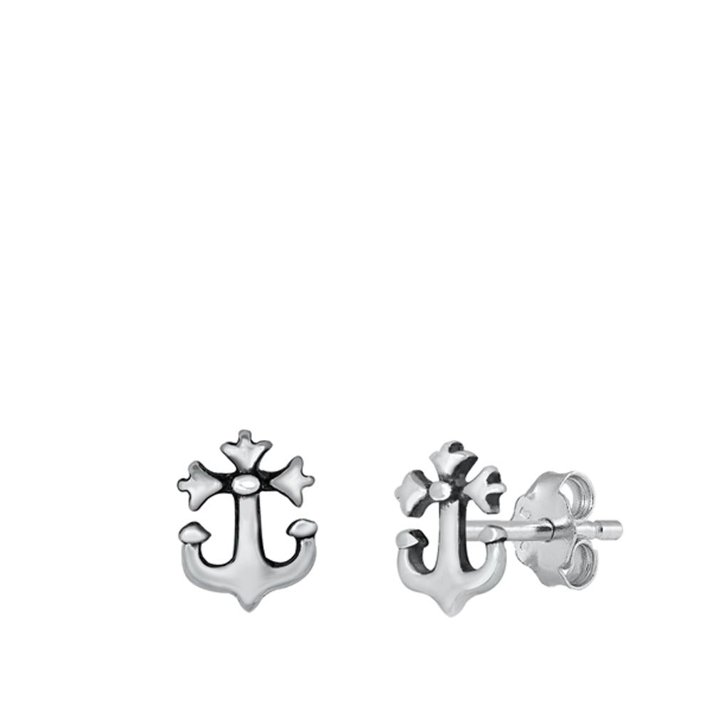 Sterling Silver Floral Anchor Cross Blossom Nautical Boat Ocean Stud Earrings