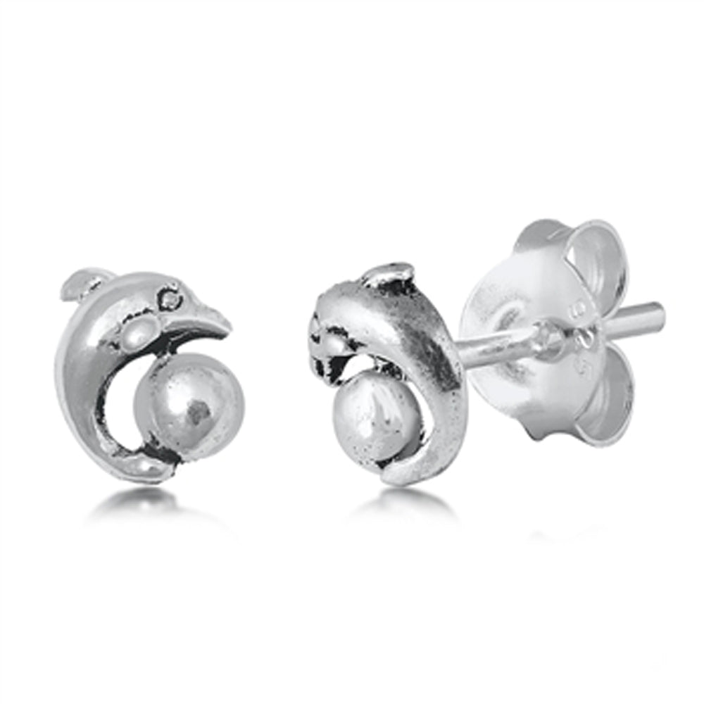 Sterling Silver Beach Dolphin Jump Ball Animal Ocean Sea Stud Earrings