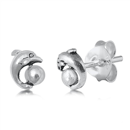 Sterling Silver Beach Dolphin Jump Ball Animal Ocean Sea Stud Earrings