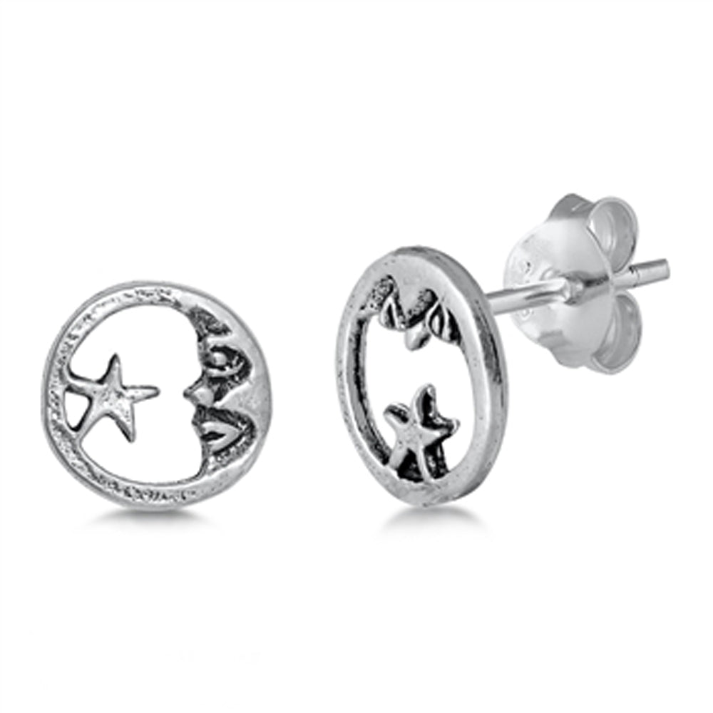 Sterling Silver Galaxy Crescent Moon Cutout Face Star Celestial Space Earrings