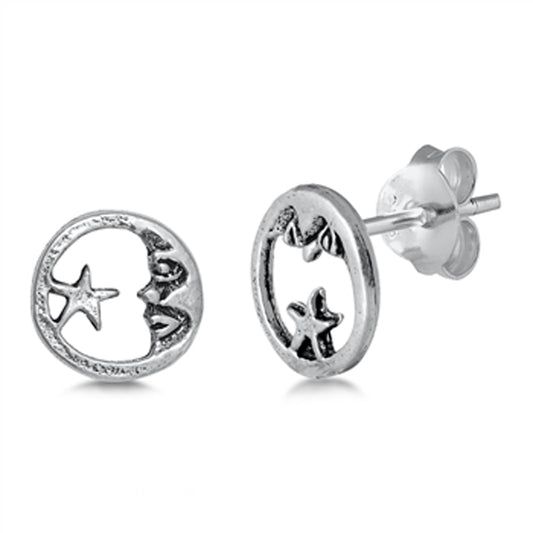 Sterling Silver Galaxy Crescent Moon Cutout Face Star Celestial Space Earrings