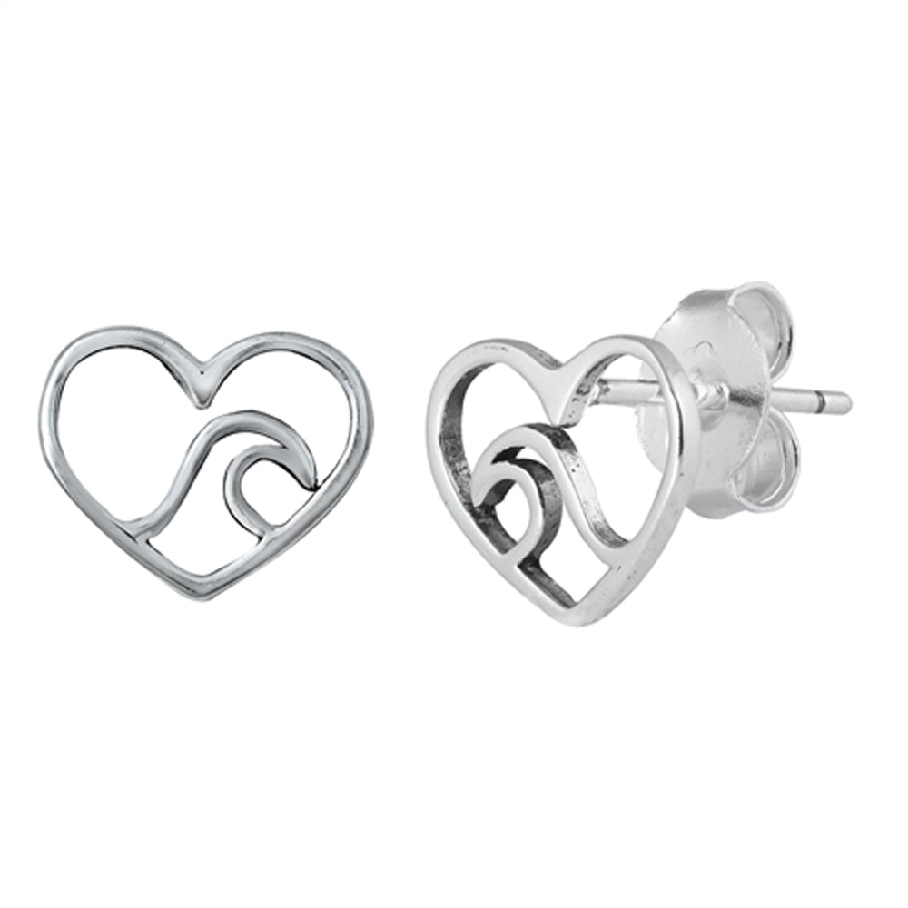 Sterling Silver Ocean Wave Promise Heart High Polish Stud Outline Earrings