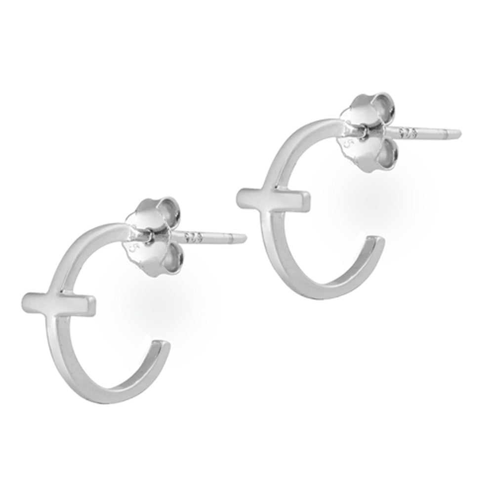 Sterling Silver Modern Cross Hoop Unique Faith Religious Christian Earrings 925