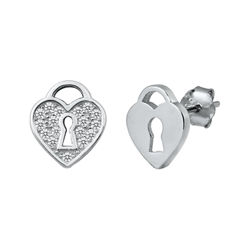 Sterling Silver Heart Locket Promise Key Grooved Love Earrings Clear CZ 925 New