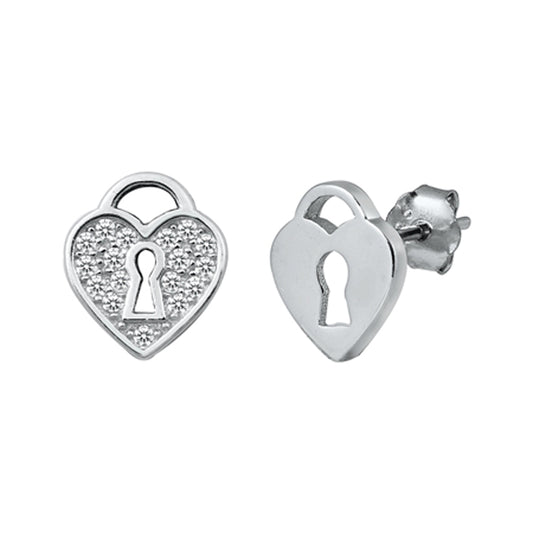 Sterling Silver Heart Locket Promise Key Grooved Love Earrings Clear CZ 925 New