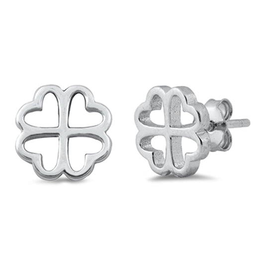 Sterling Silver Four Leaf Clover Shamrock Good Luck Open Promise Heart Earrings