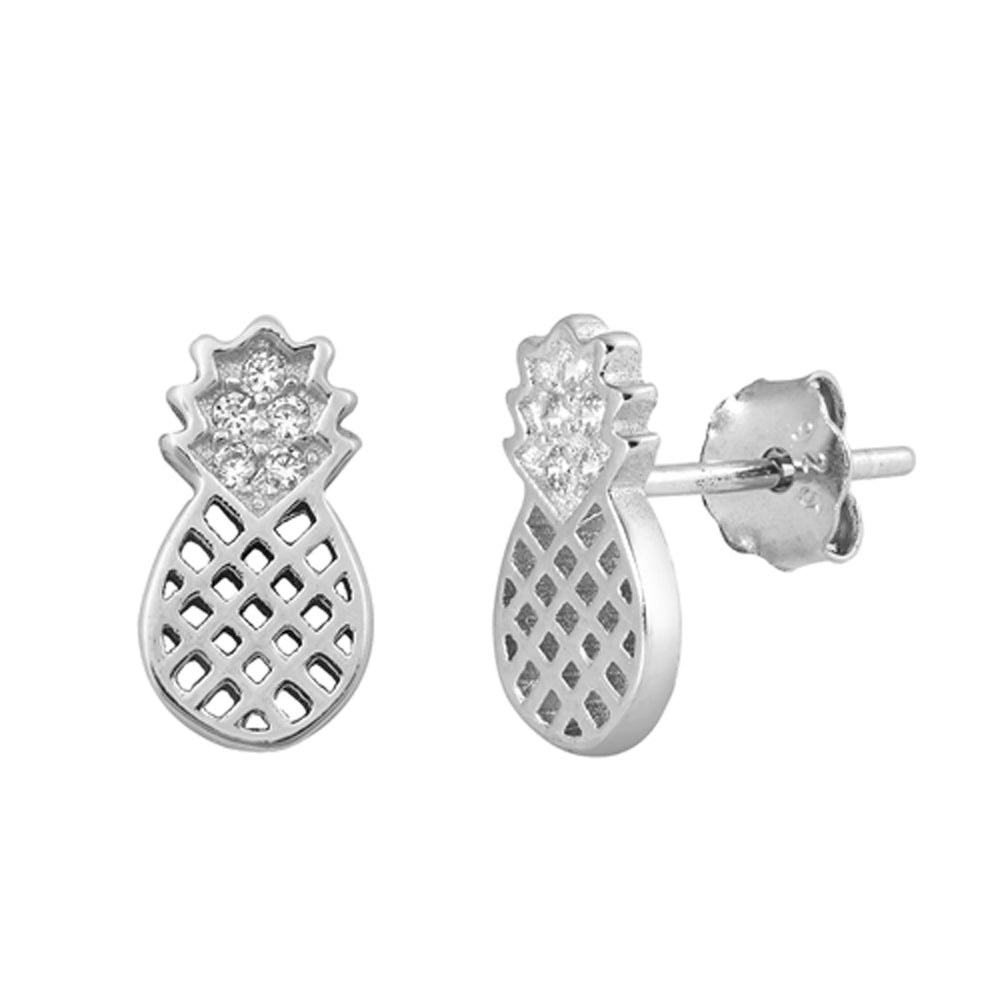 Sterling Silver Cutout Pineapple Fruit Food Open Earrings Clear CZ 925 New
