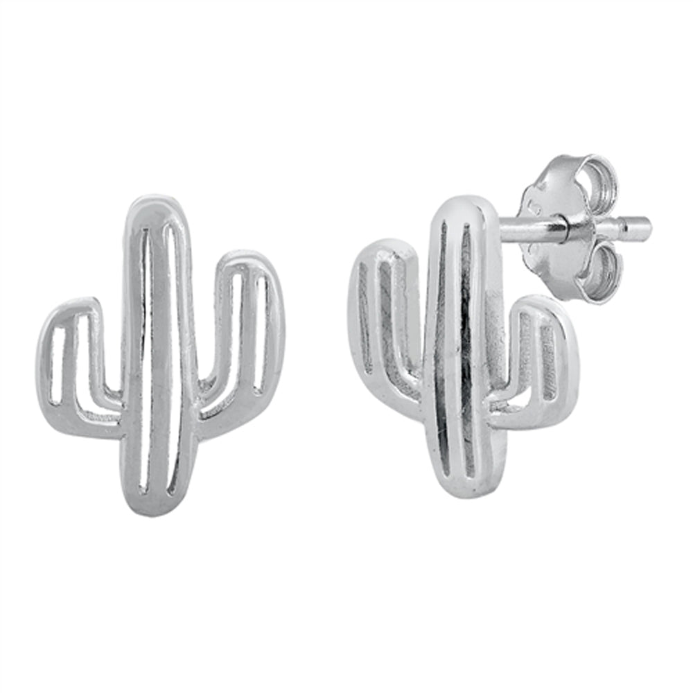 Sterling Silver Cactus Plant Cutout Nature Desert High Polished Earrings 925 New