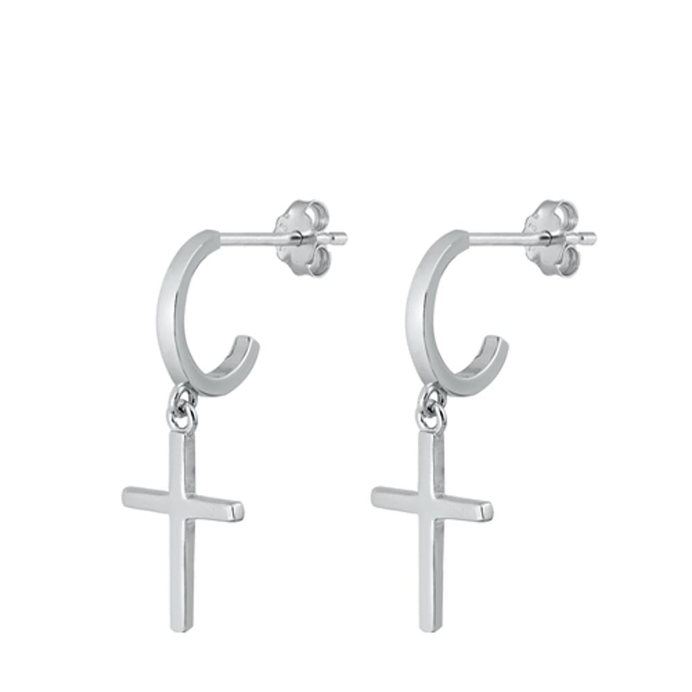 Sterling Silver High Polished Cross Dangle Huggie Fashion Earrings 925 New