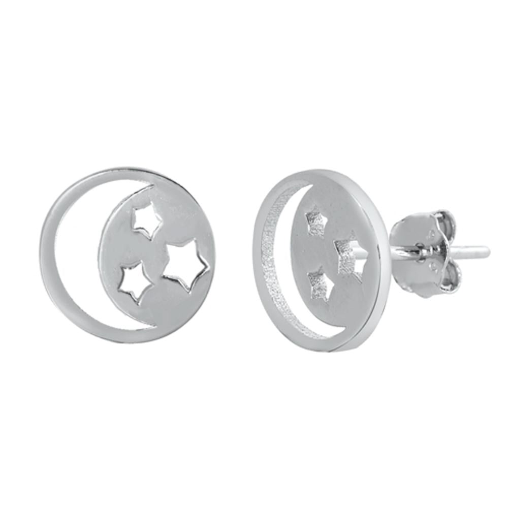 Sterling Silver Beautiful Crescent Moon & Stars High Polished Earrings 925 New