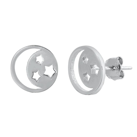 Sterling Silver Beautiful Crescent Moon & Stars High Polished Earrings 925 New