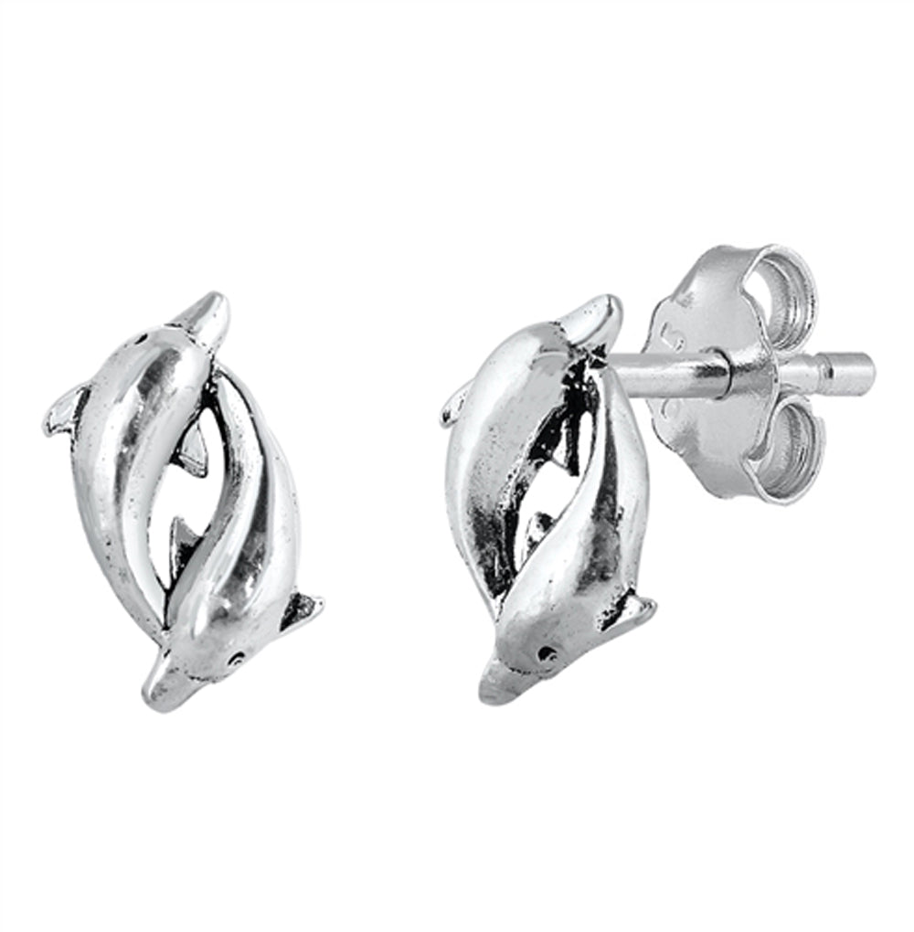 Sterling Silver Cute Dolphins Animal Tropical Cute Beach Earrings Oxidized 925