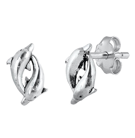 Sterling Silver Cute Dolphins Animal Tropical Cute Beach Earrings Oxidized 925