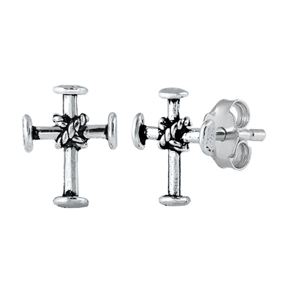 Sterling Silver Simple Cross Rope Knot Nail Unique Christian Earrings 925 New